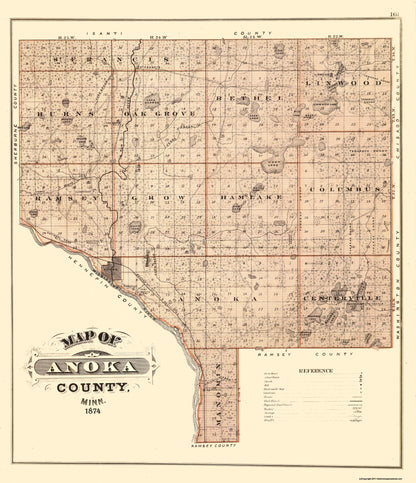 Historic County Map - Anoka County Minnesota - Andreas 1874 - 23 x 26.69 - Vintage Wall Art