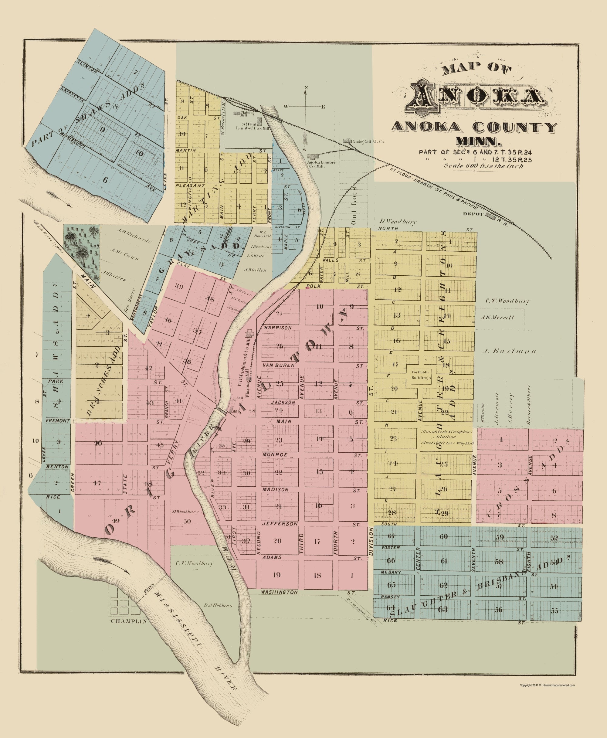 Historic City Map - Anoka Minnesota - Andreas 1874 - 23 x 27.95 - Vint ...