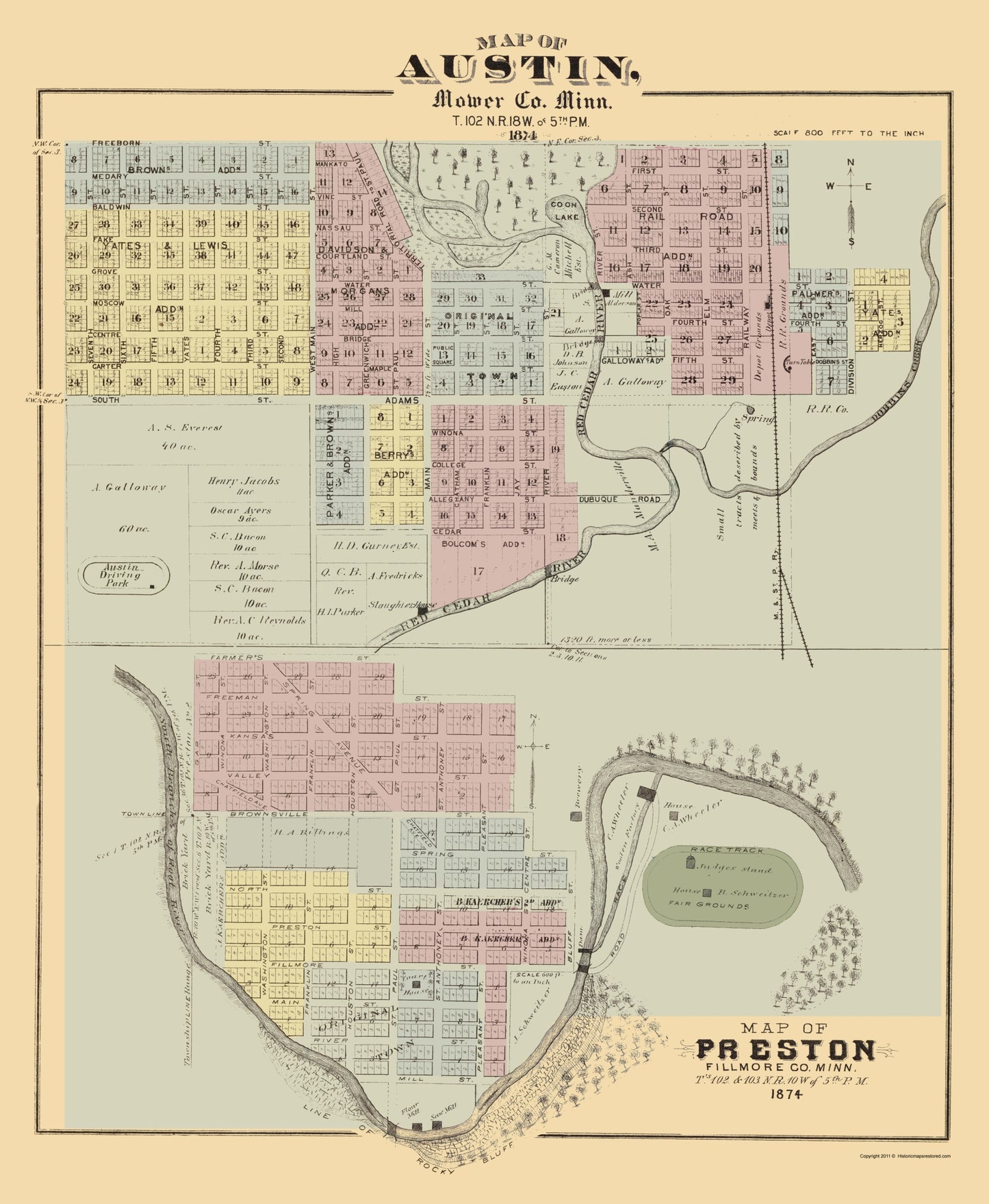 Historic City Map - Austin Preston Minnesota - Andreas 1874 - 23 x 27.98 - Vintage Wall Art