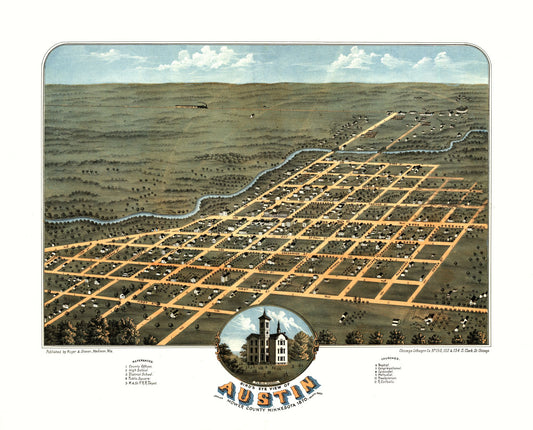 Historic Panoramic View - Austin Minnesota - Stoner 1870 - 28.54 x 23 - Vintage Wall Art