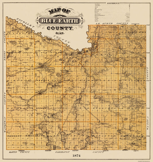 Historic County Map - Blue Earth County Minnesota - Andreas 1874 - 23 x 24.44 - Vintage Wall Art