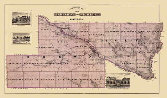 Historic County Map - Brown Nicollet Counties Minnesota - Andreas 1874 - 39.19 x 23 - Vintage Wall Art