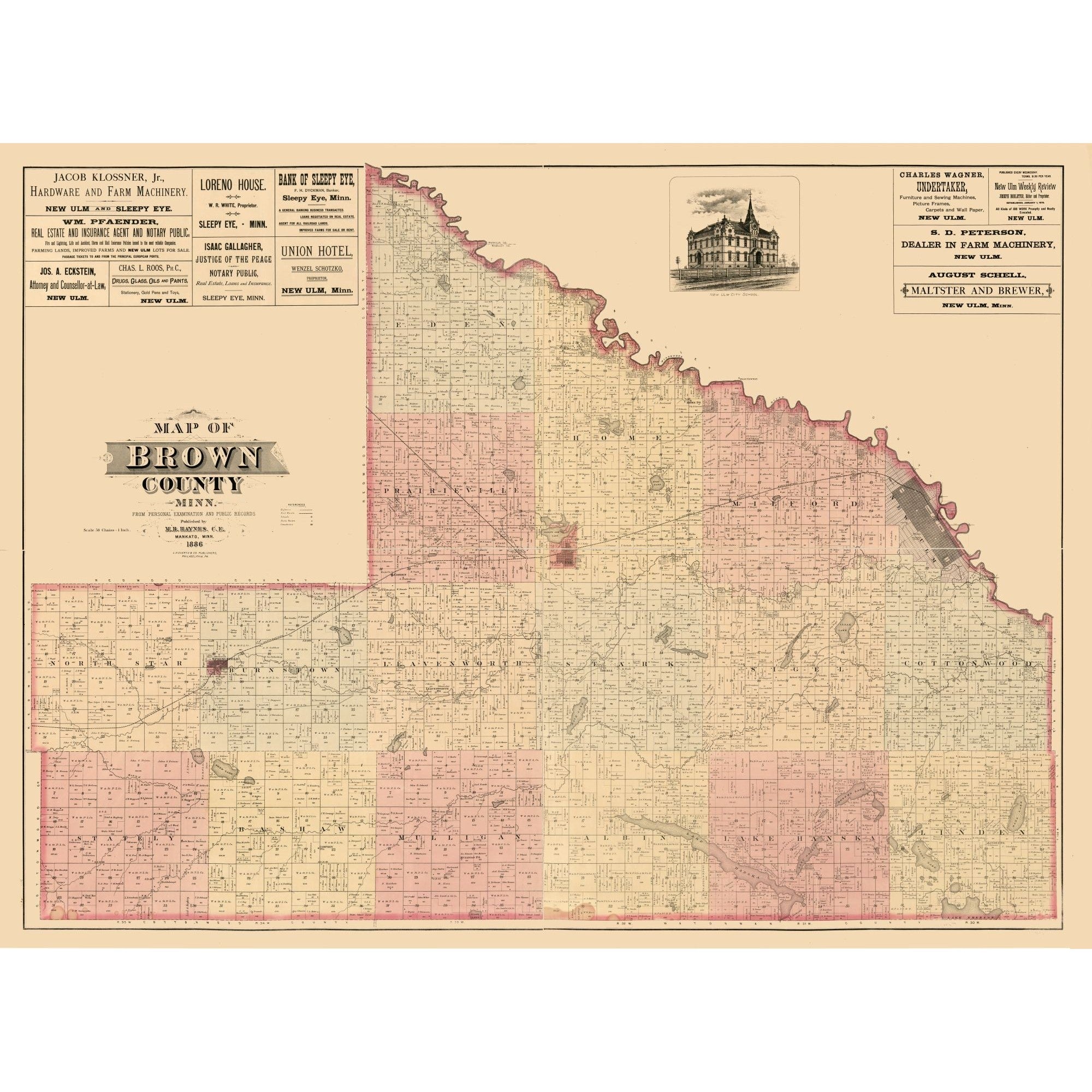Haynes Map Historic County Map - Brown County Minnesota - Haynes 1886 - 31.17 x 2 ...