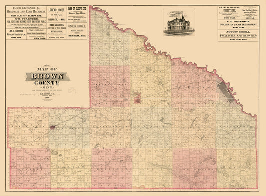 Historic County Map - Brown County Minnesota - Haynes 1886 - 31.17 x 23 - Vintage Wall Art