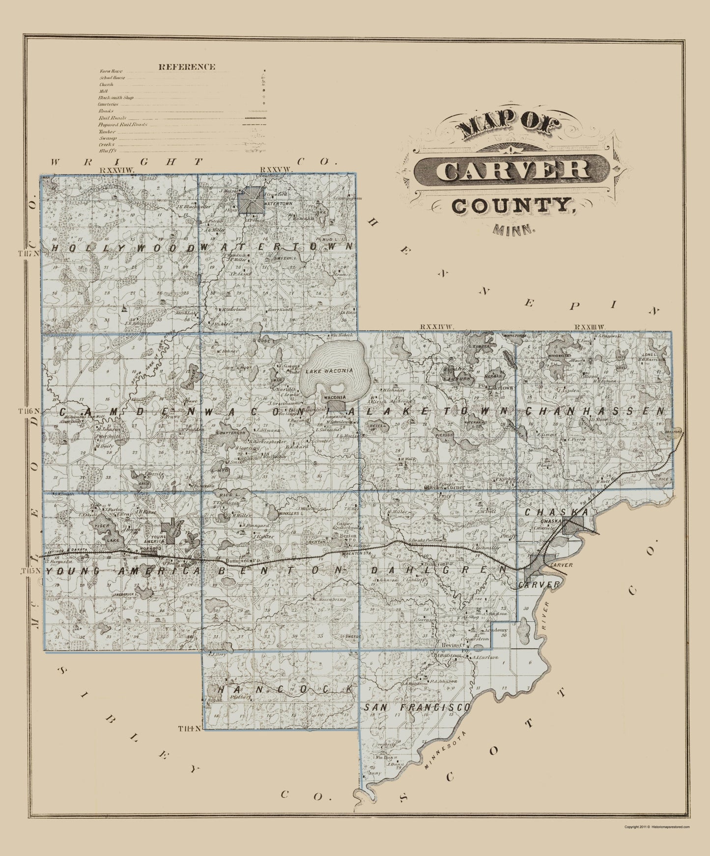 Historic County Map - Carver County Minnesota - Andreas 1874 - 23 x 27.71 - Vintage Wall Art