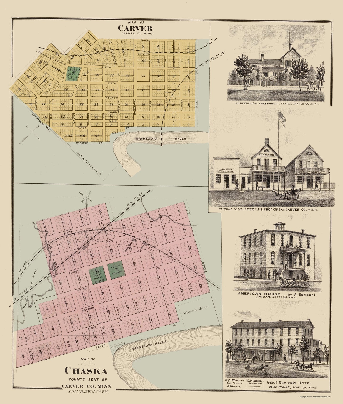 Historic City Map - Carver Chaska Minnesota - Andreas 1874 - 23 x 27.02 - Vintage Wall Art