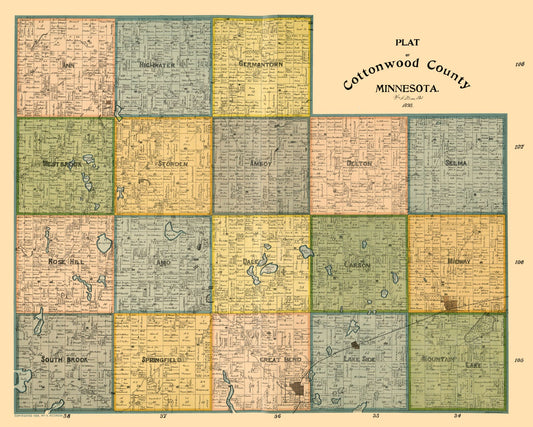 Historic County Map - Cottonwood County Minnesota - Peterson 1898 - 28.68 x 23 - Vintage Wall Art