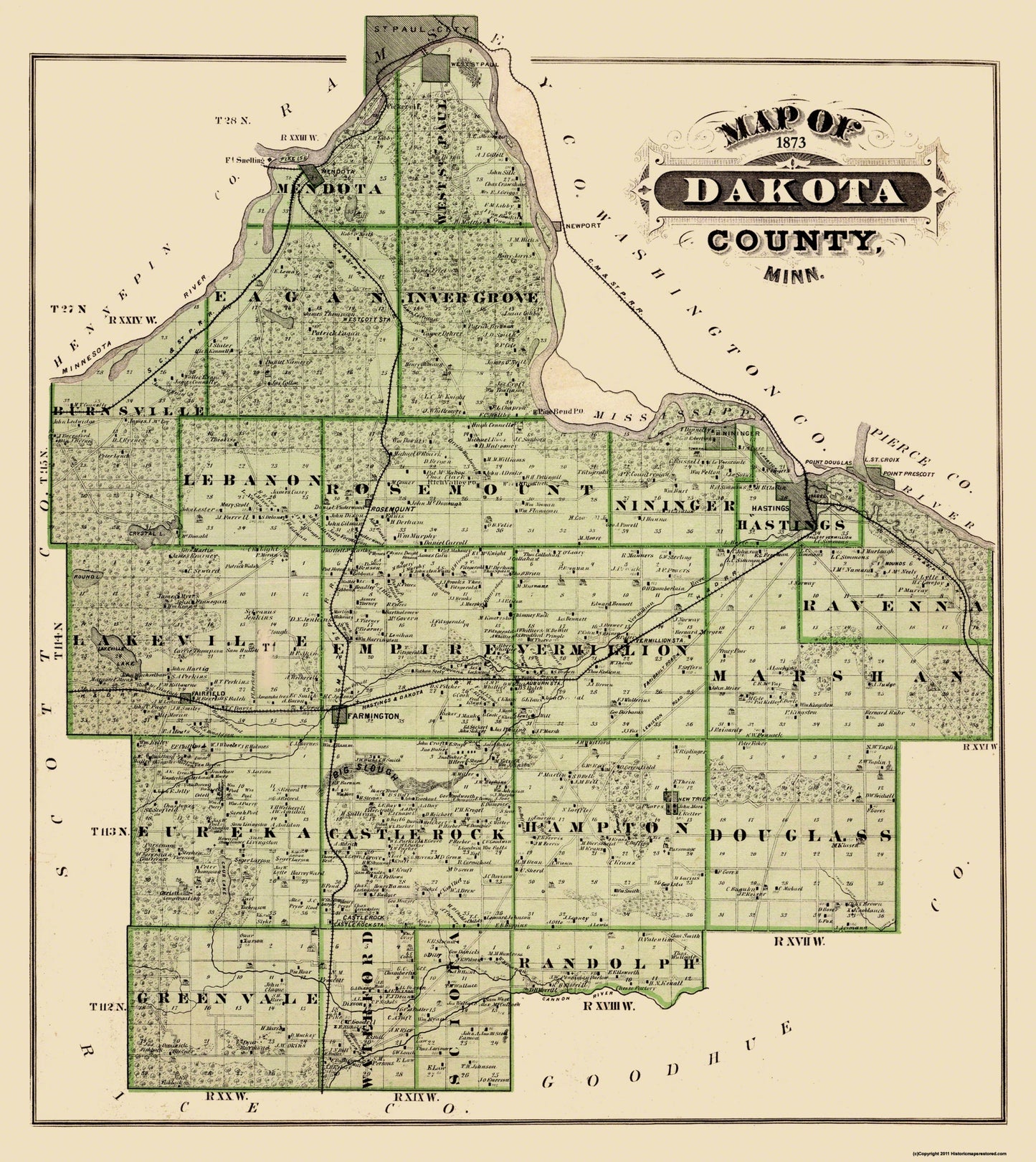 Historic County Map - Dakota County Minnesota - Andreas 1873 - 23 x 25.81 - Vintage Wall Art