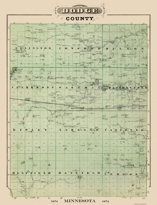 Historic County Map - Dodge County Minnesota - Andreas 1874 - 23 x 30 - Vintage Wall Art