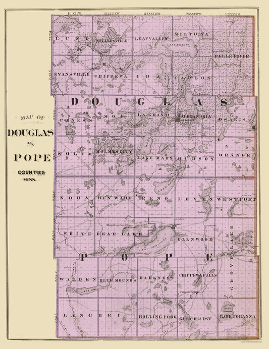 Historic County Map - Douglas Pope Counties Minnesota - Andreas 1874 - 23 x 29.87 - Vintage Wall Art