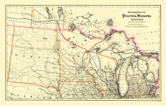 Railroad Map - Duluth and Winnipeg Railroad - Colton 1881 - 23 x 35.93 - Vintage Wall Art