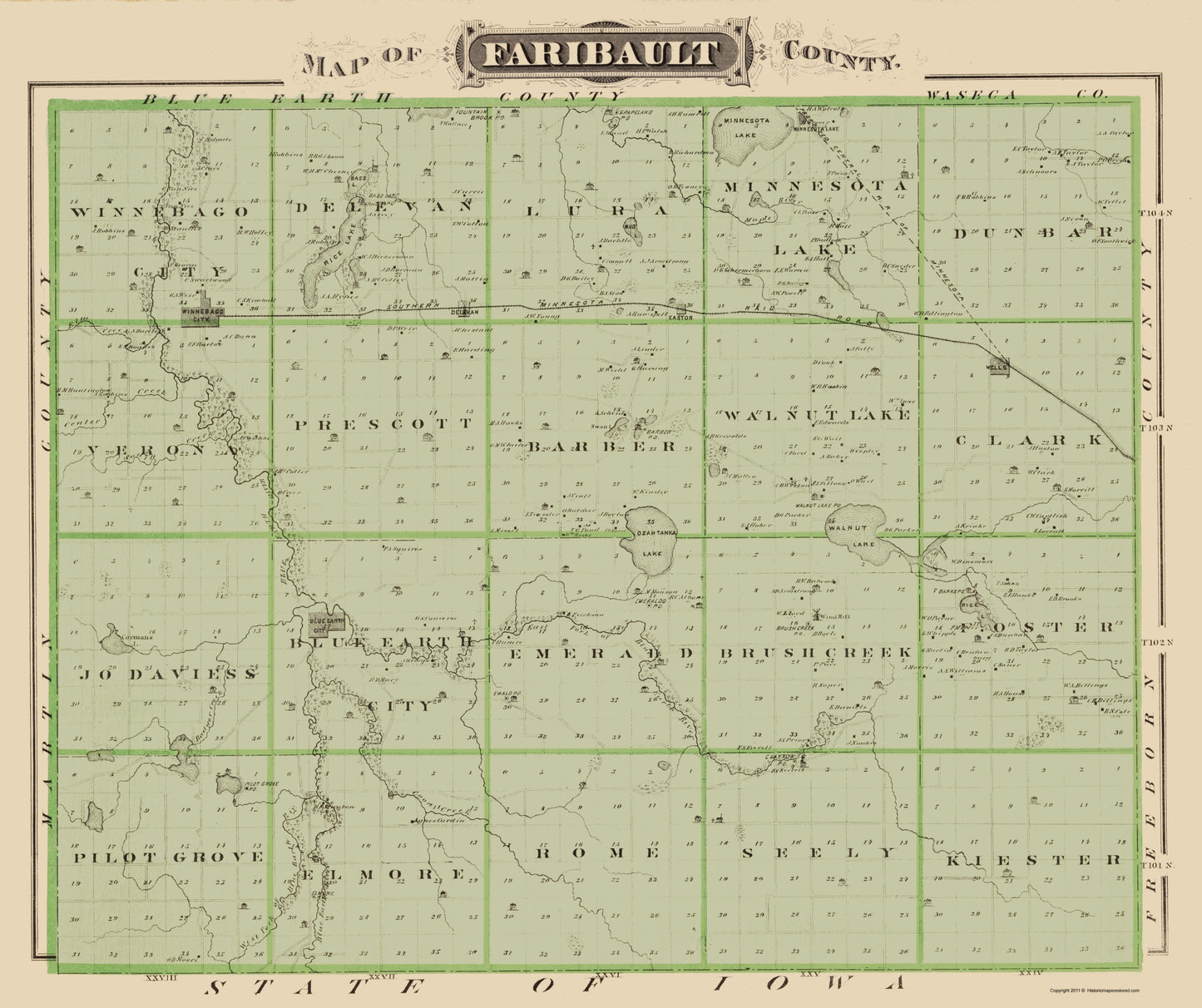 Historic County Map - Faribault County Minnesota - Andreas 1874 - 23 x 27.42 - Vintage Wall Art