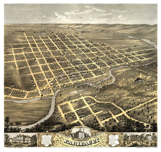 Historic Panoramic View - Faribault Minnesota - Ruger 1869 - 24.44 x 23 - Vintage Wall Art
