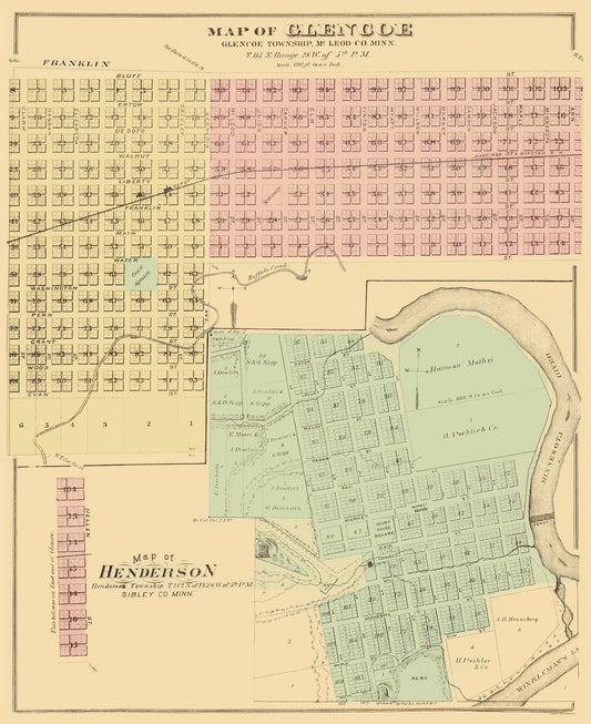 Historic City Map - Glencoe Henderson Minnesota - Andreas 1874 - 23 x 28.90 - Vintage Wall Art