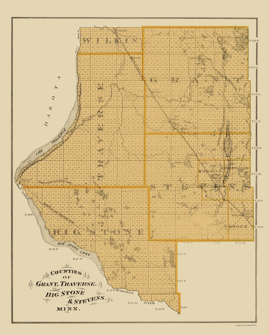 Historic County Map - Grant Traverse Big Stone Stevens Counties Minnesota - Andreas 1874 - 23 x 28 - Vintage Wall Art