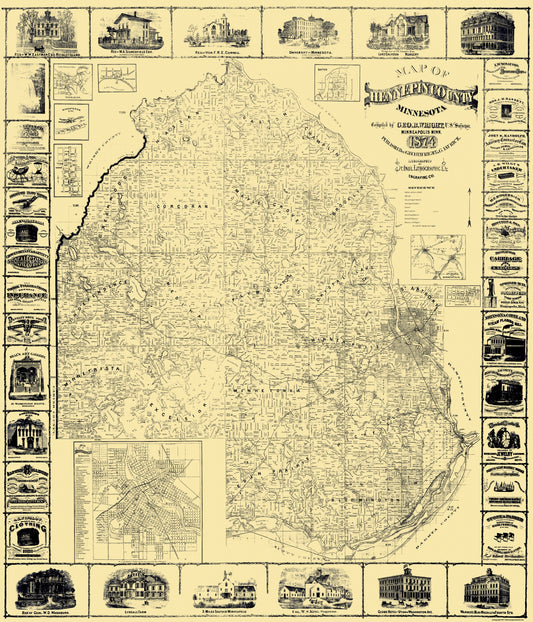 Historic County Map - Hennepin County Minnesota - Wright 1874 - 23 x 26.81 - Vintage Wall Art