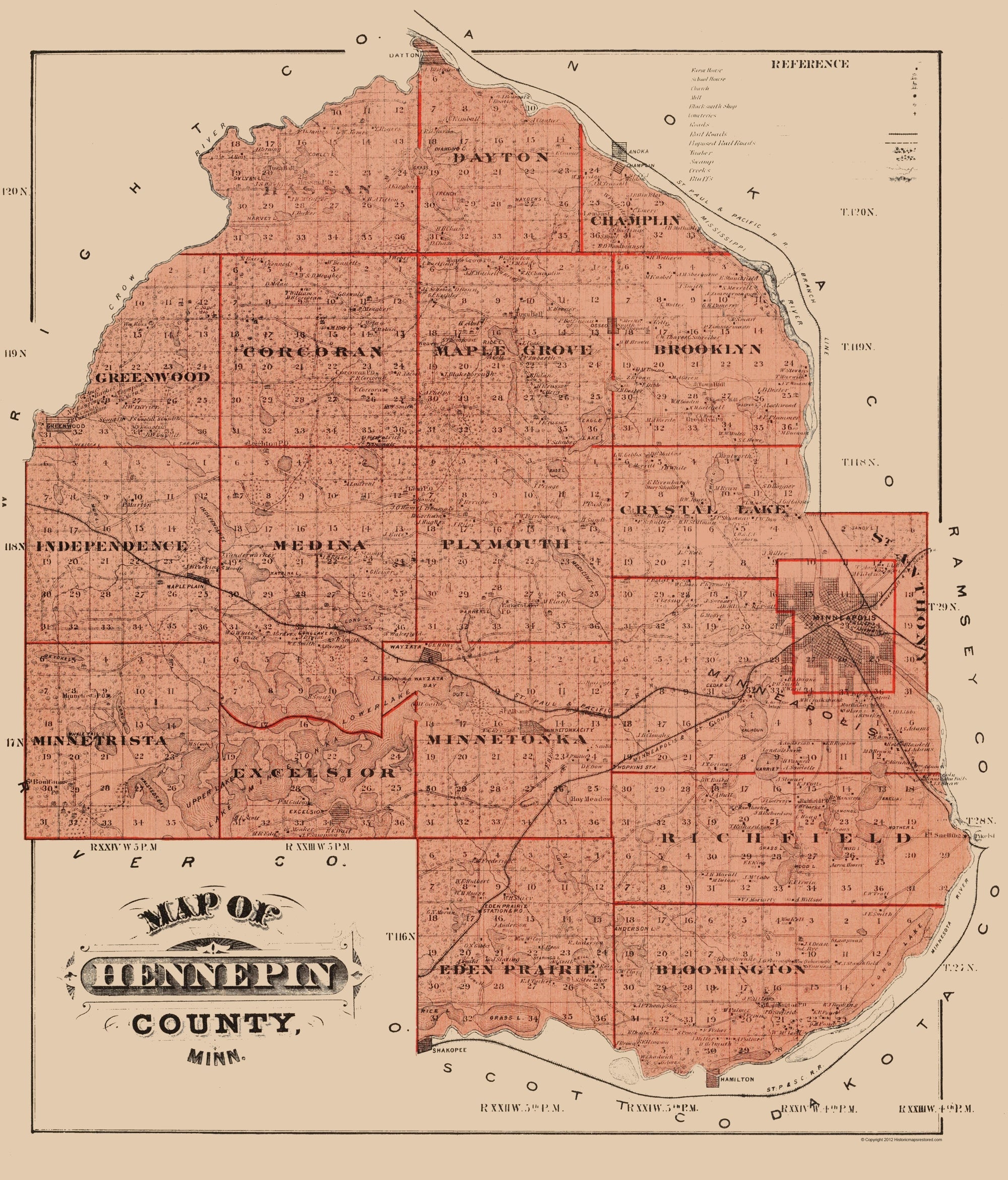 Historic County Map - Hennepin County Minnesota - Andreas 1874 - 23 x ...