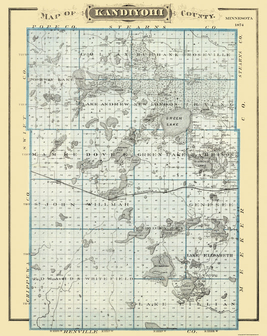 Historic County Map - Kandiyohi County Minnesota - Andreas 1874 - 23 x 29 - Vintage Wall Art