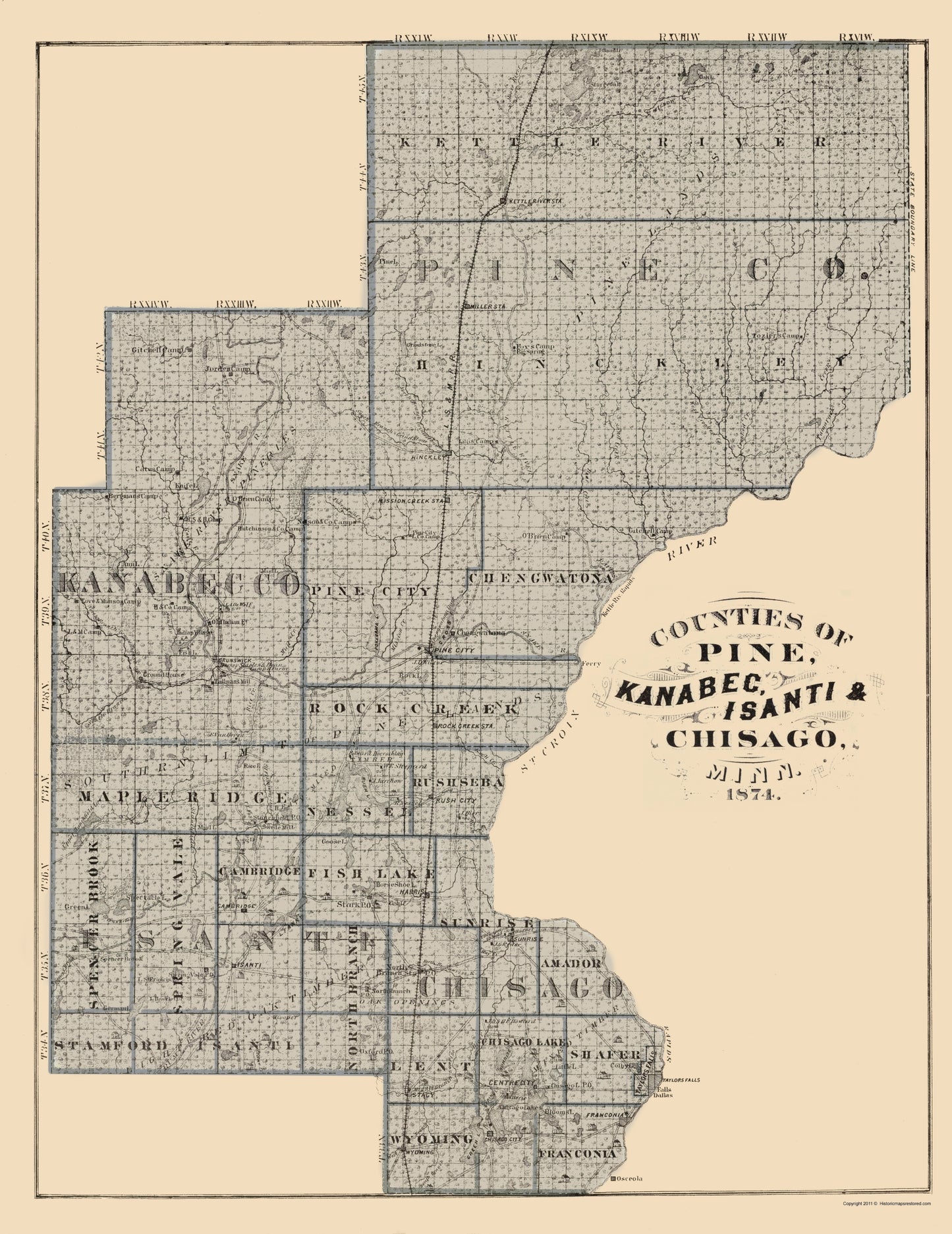 Historic County Map - Kanabec Isanti Chisago Counties Minnesota  - Andreas 1874 - 23 x 29.81 - Vintage Wall Art