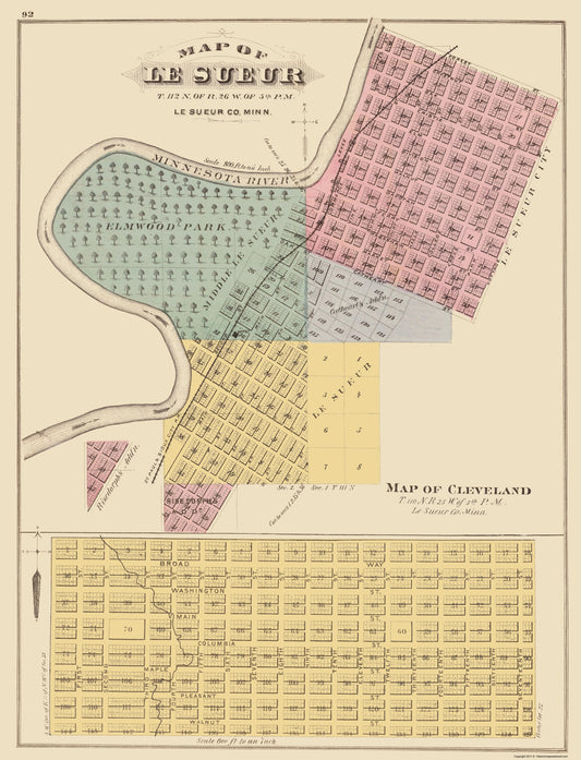 Historic City Map - Le Sueur Cleveland Minnesota - Andreas 1874 - 23 x 30.09 - Vintage Wall Art