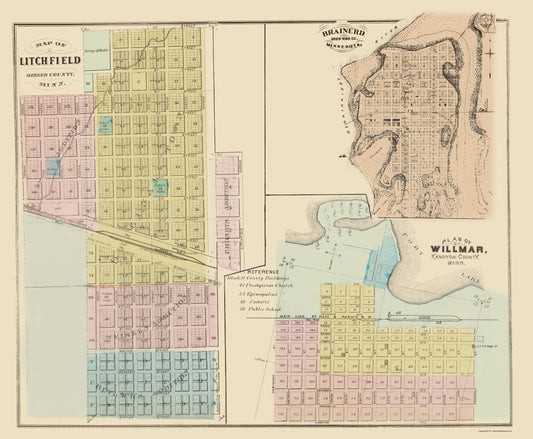 Historic City Map - Litchfield Brainerd Willmar Minnesota 1874 - 23 x 27.93 - Vintage Wall Art