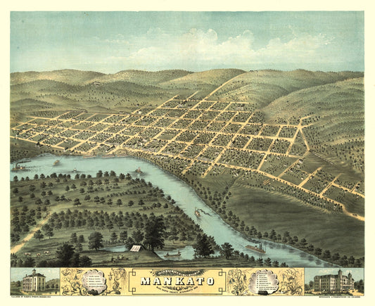 Historic Panoramic View - Mankato Minnesota - Stoner 1870 - 28.15 x 23 - Vintage Wall Art