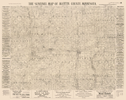 Historic County Map - Martin County Minnesota - Day 1901 - 29.00 x 23 - Vintage Wall Art
