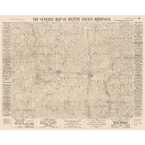 Historic County Map - Martin County Minnesota - Day 1901 - Vintage Wal ...