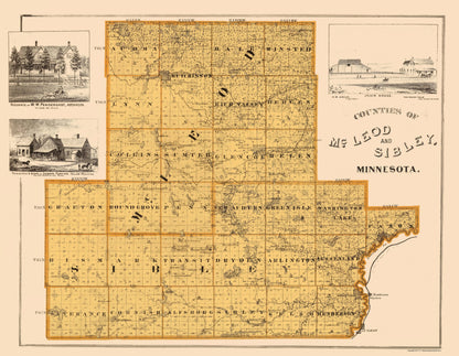 Historic County Map - Mcleod Sibley County Minnesota  - Andreas 1874 - 23 x 29.59 - Vintage Wall Art