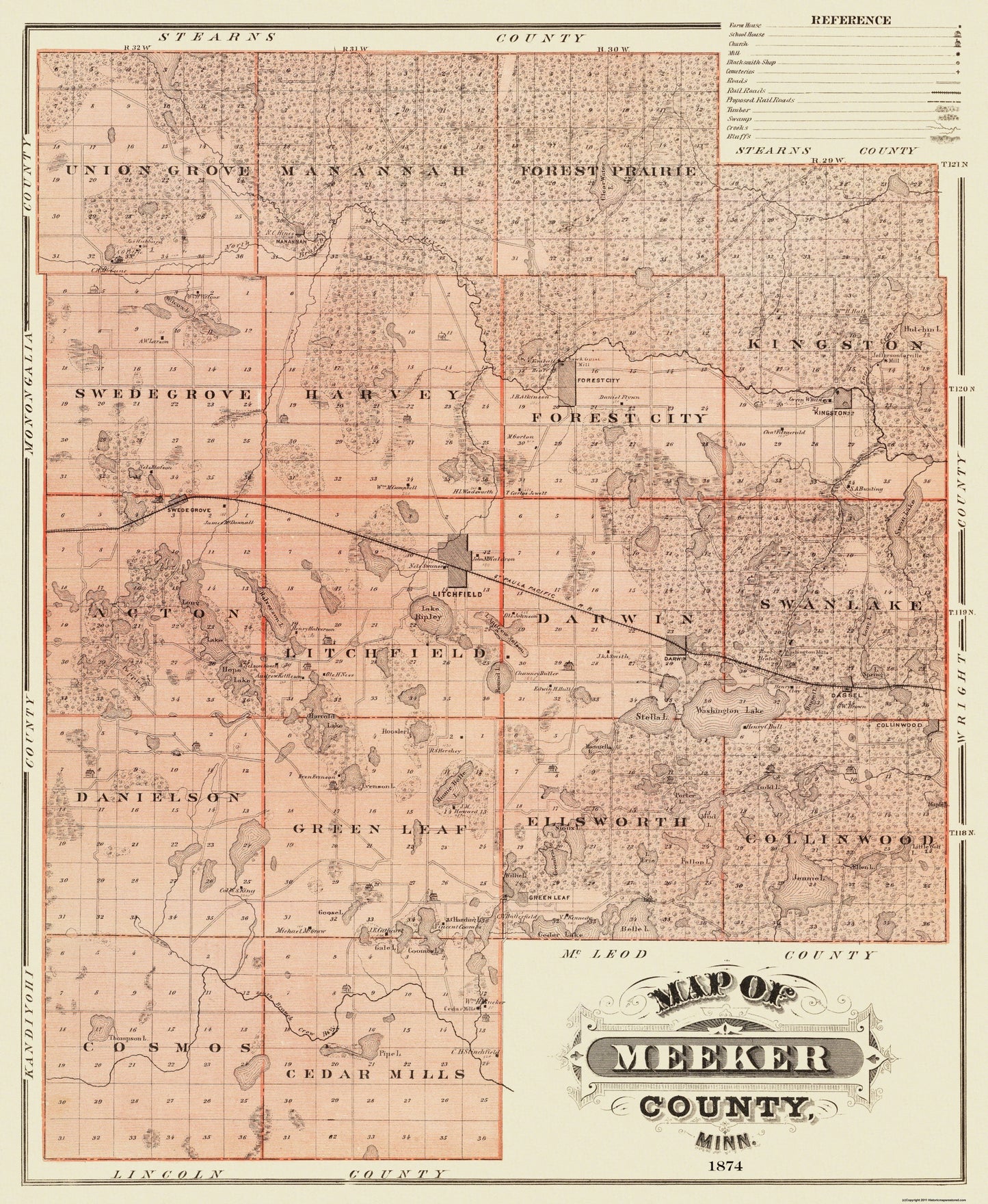 Historic County Map - Meeker County Minnesota  - Andreas 1874 - 23 x 28 - Vintage Wall Art