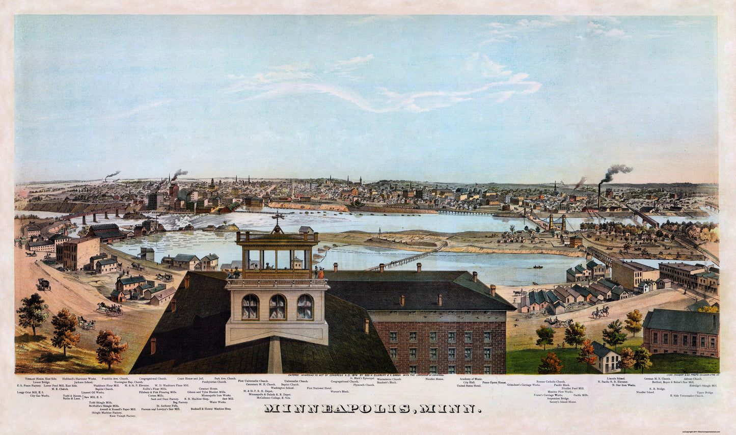 Historic Panoramic View - Minneapolis Minnesota - Shober 1874 - 38.94 x 23 - Vintage Wall Art