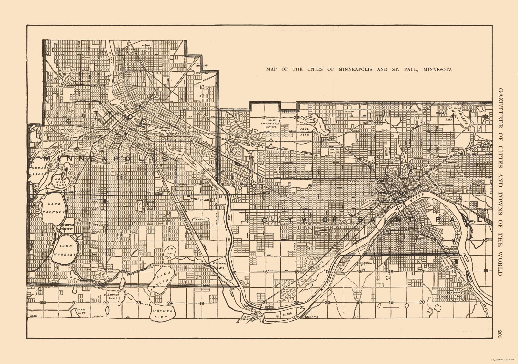 Hand Painted Map of Minneapolis, 1892 / 2024 Lyndale Avenue / Kingfield / Bryant / Regina / Central / Minneapolis Lakes / Old Map Minneapolis