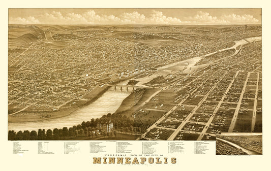 Historic Panoramic View - Minneapolis Minnesota - Stoner 1879 -  36.89 x 23 - Vintage Wall Art