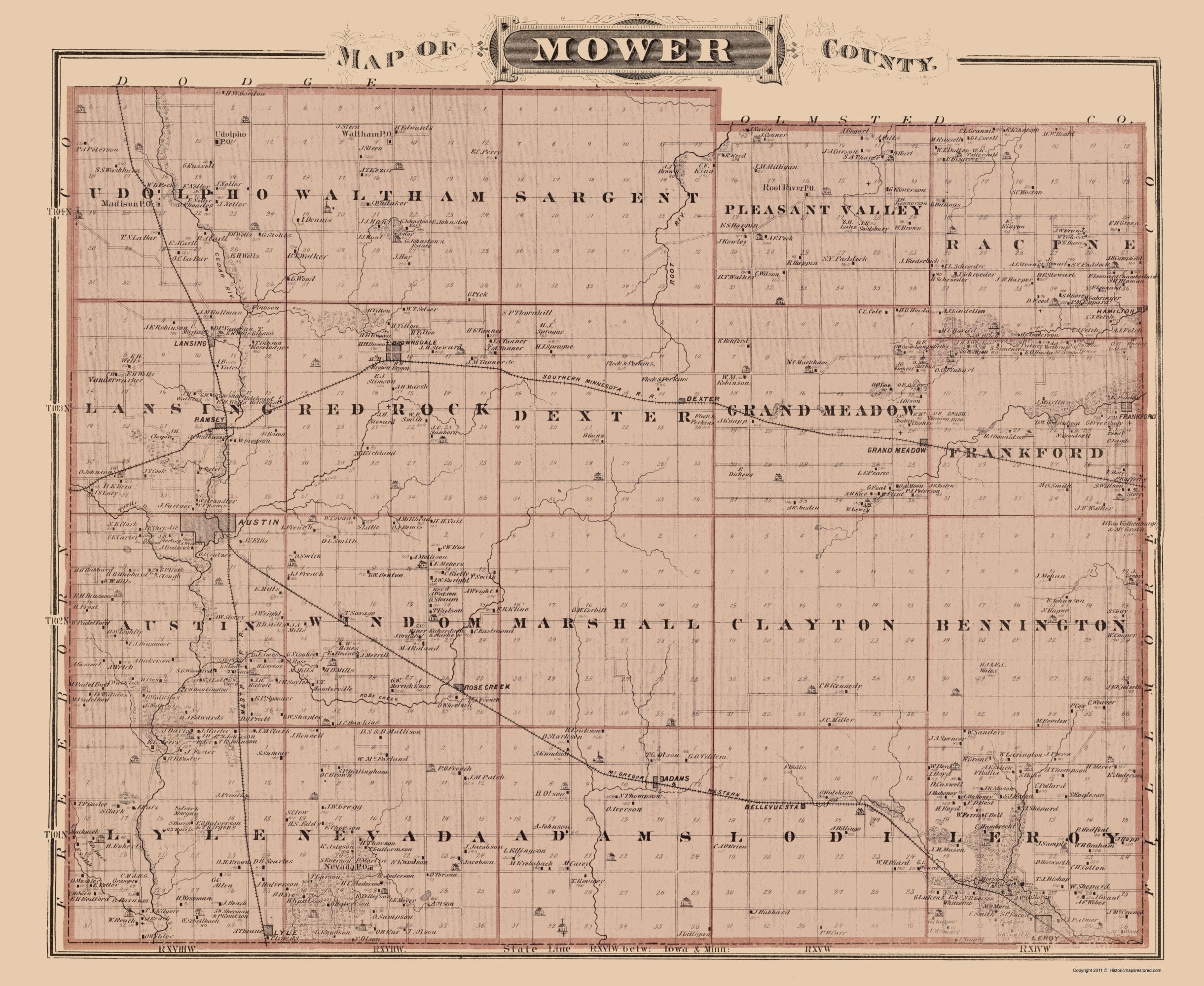 Historic County Map - Mower County Minnesota - Andreas 1874 - 23 x 28 ...