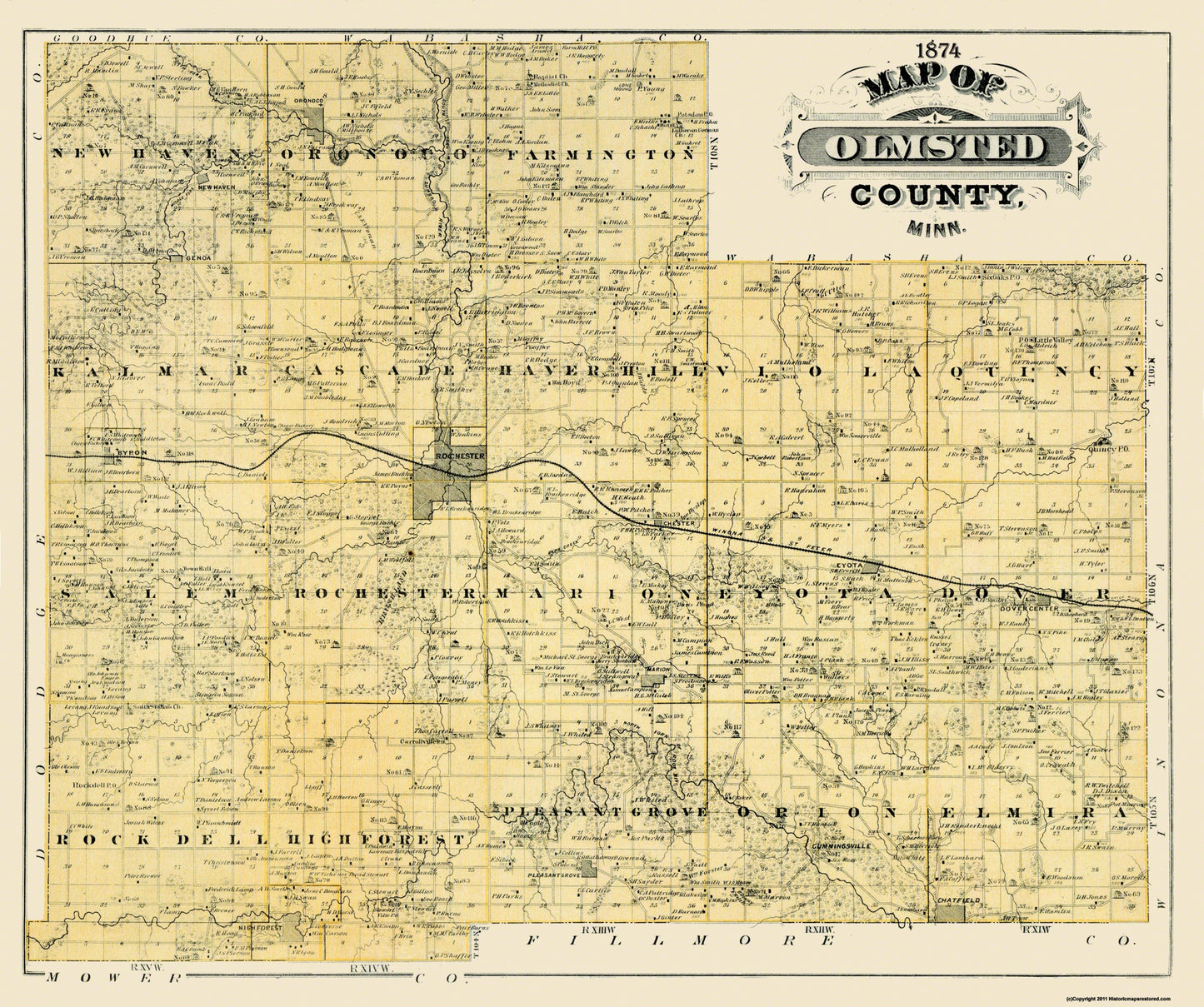 Historic County Map - Olmsted County Minnesota  - Andreas 1874 - 27.5 x 23 - Vintage Wall Art