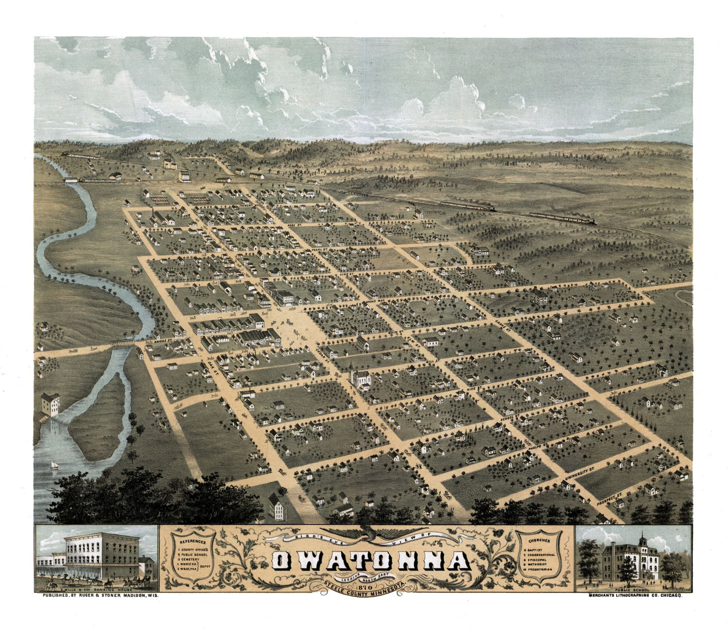 Historic Panoramic View - Owatonna Minnesota - Stoner 1870 - 26.58 x 23 - Vintage Wall Art