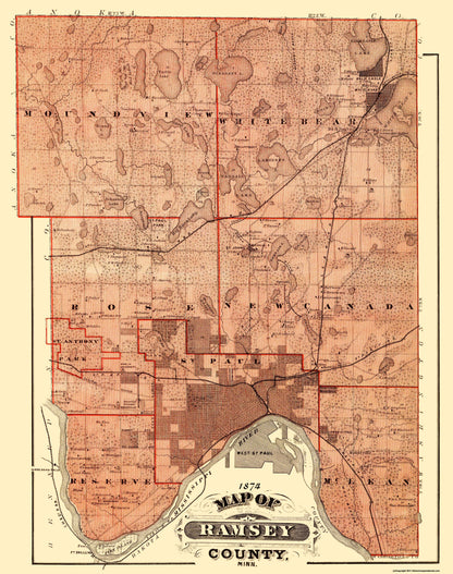 Historic County Map - Ramsey County Minnesota  - Andreas 1874 - 23 x 29.19 - Vintage Wall Art