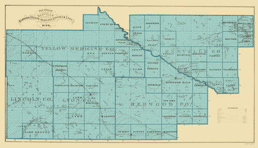 Historic County Map - Redwood Yellow Medicine Lincoln Lyon Counties Minnesota  - Andreas 1874 - 23 x 40 - Vintage Wall Art