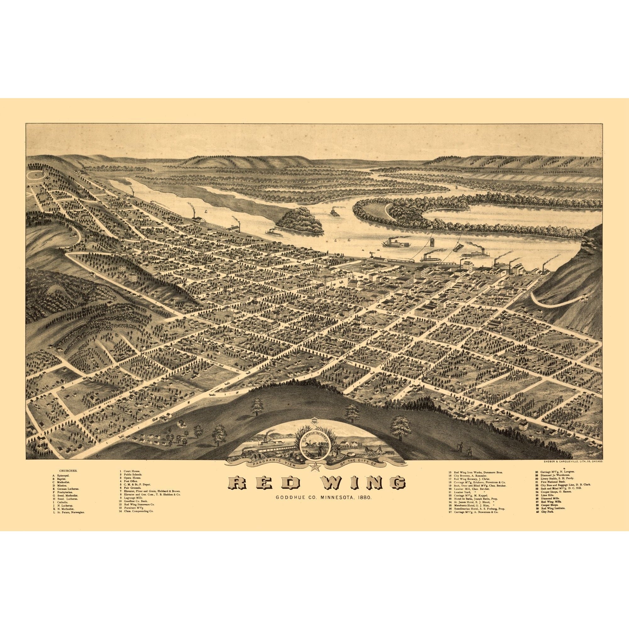 Red Minnesota Historic Panoramic View - Red Wing Minnesota - Shober 1880 - 33.40 x 2 ...