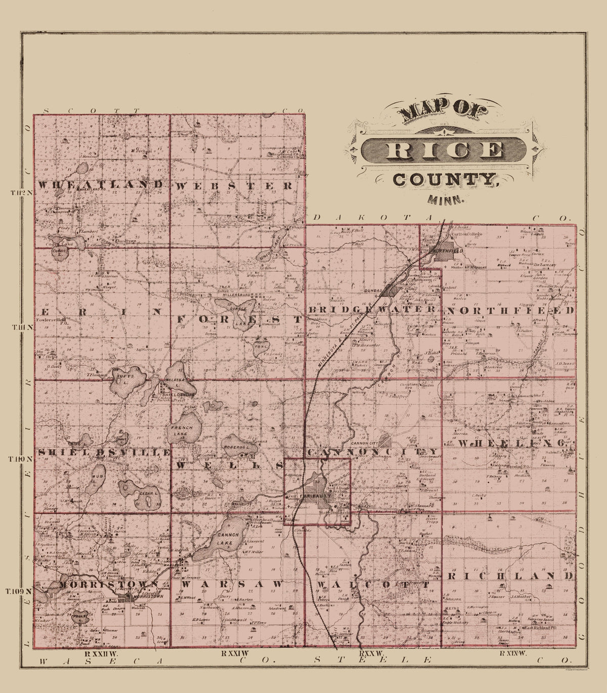 Historic County Map - Rice County Minnesota - Andreas 1874 - Vintage W ...