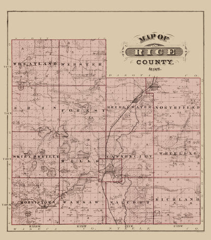 Historic County Map - Rice County Minnesota  - Andreas 1874 - 23 x 26.23 - Vintage Wall Art