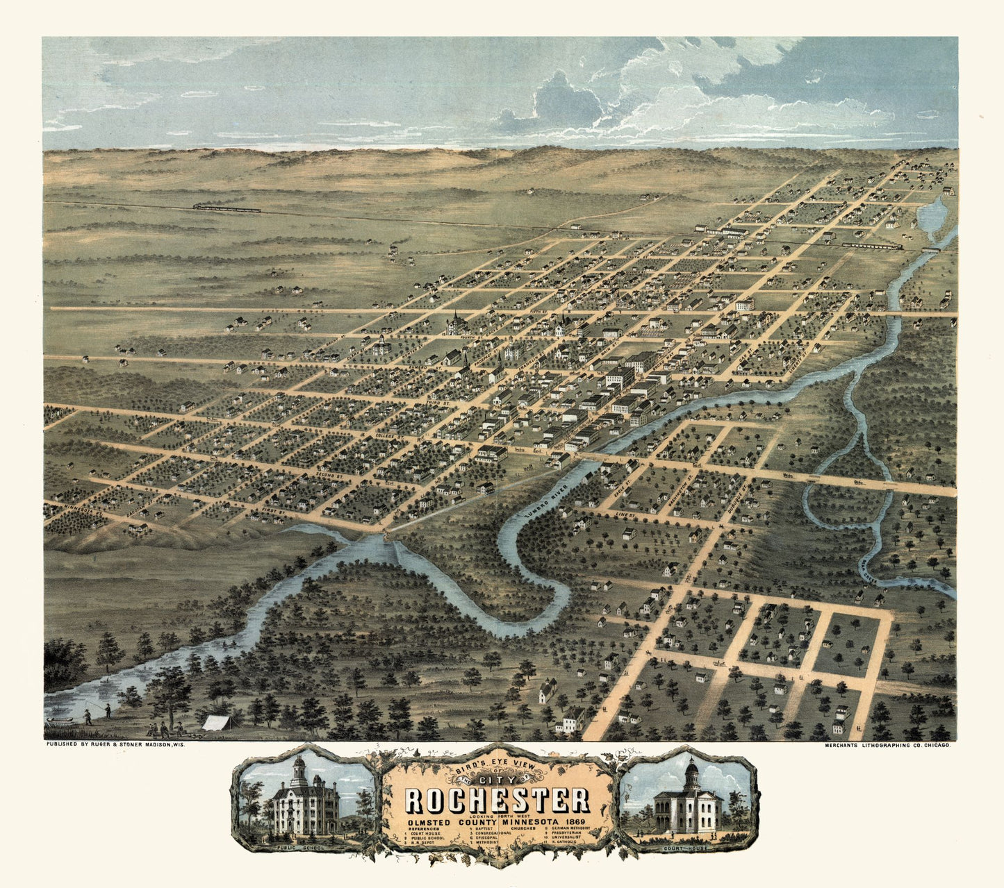 Historic Panoramic View - Rochester Minnesota - Stoner 1869 - 25.99 x 23 - Vintage Wall Art