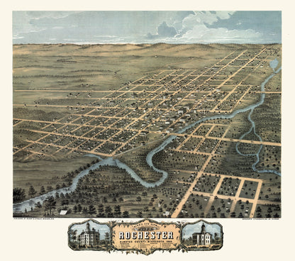 Historic Panoramic View - Rochester Minnesota - Stoner 1869 - 25.99 x 23 - Vintage Wall Art