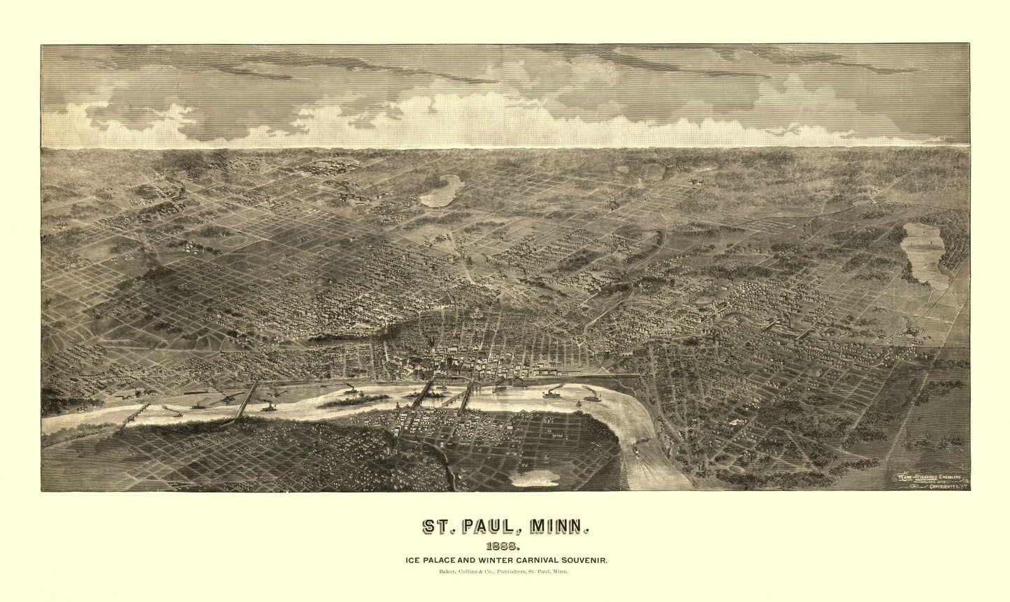 Historic Panoramic View - Saint Paul Minnesota - Richards 1888 - 38.56 x 23 - Vintage Wall Art