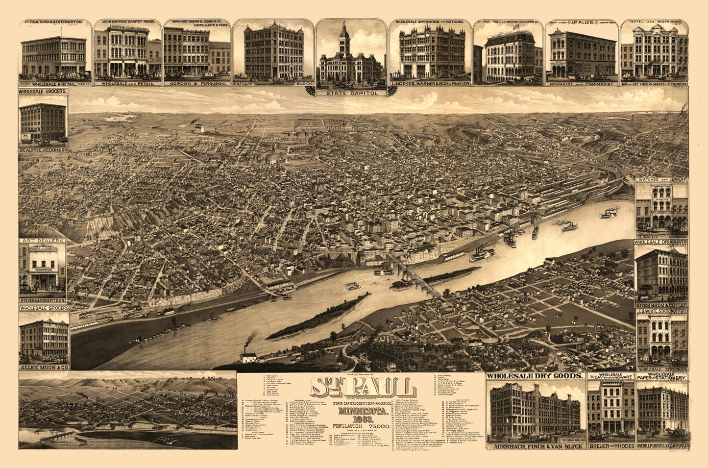 Historic Panoramic View - Saint Paul Minnesota - Stoner 1883 - 34.80 x 23lo - Vintage Wall Art