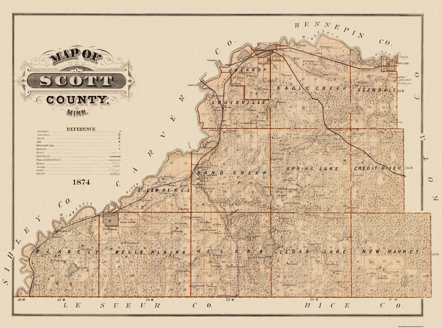 Historic County Map - Scott County Minnesota  - Andreas 1874 - 31 x 23 - Vintage Wall Art