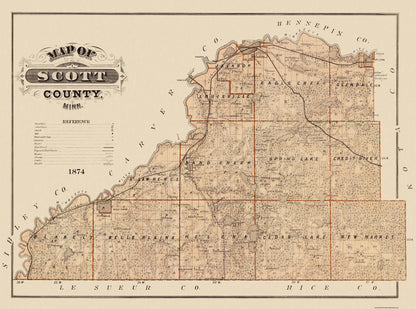 Historic County Map - Scott County Minnesota  - Andreas 1874 - 31 x 23 - Vintage Wall Art