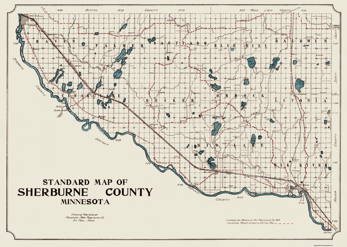 Historic County Map - Sherburne County Minnesota - 1913 - 32.31 x 23 - Vintage Wall Art