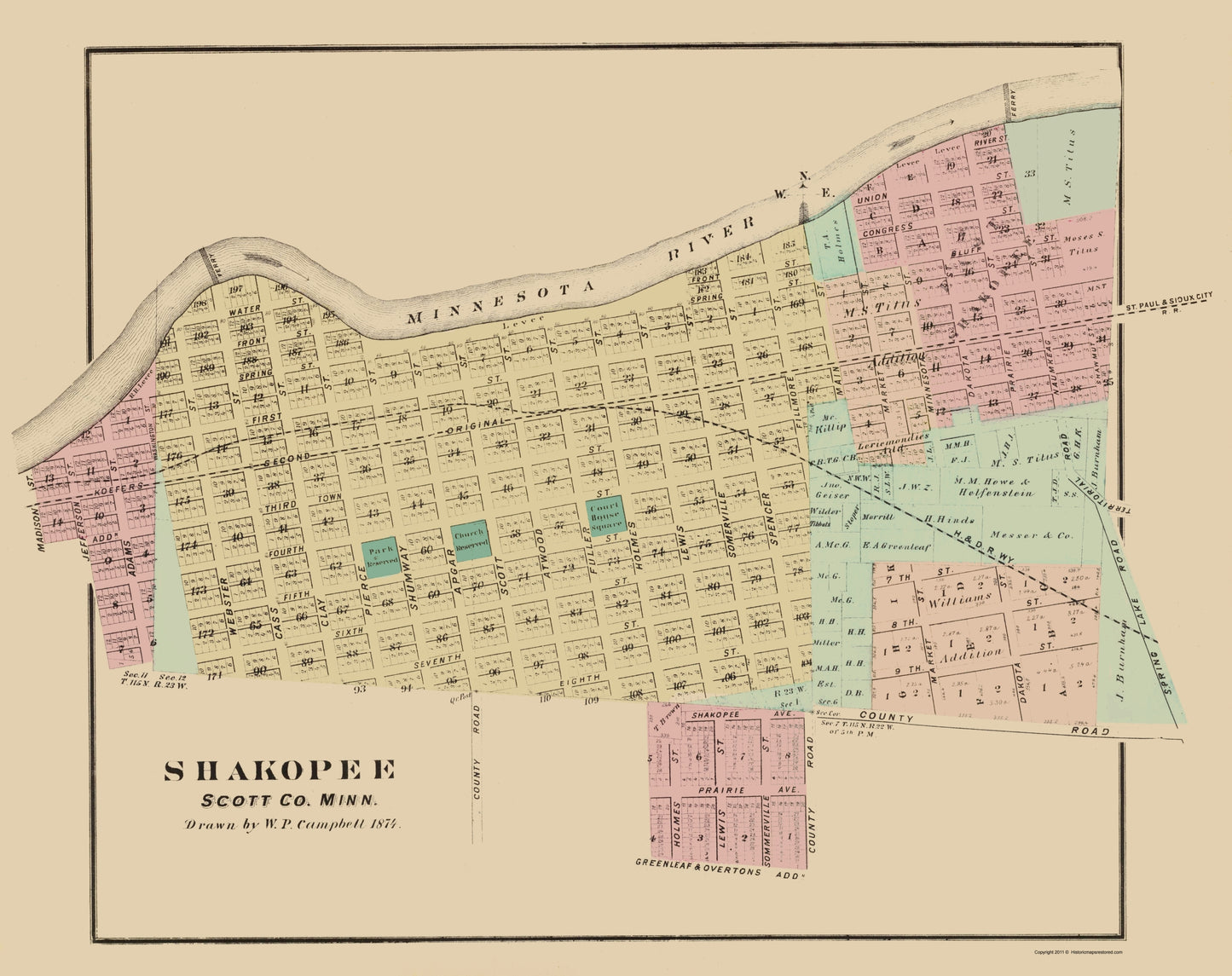 Historic City Map - Shakopee Minnesota - Andreas 1874 - 23 x 29.02 - Vintage Wall Art