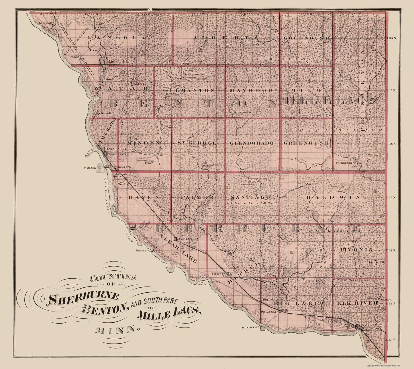 Historic County Map - Sherburne Benton Mille Lacs Counties Minnesota  - Andreas 1874 - 23 x 25 - Vintage Wall Art